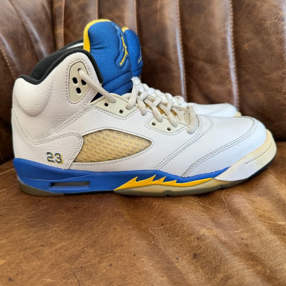 Jordan 5 Retro Laney White Blue Yellow‎ 440888-189 Boys Size 7Y Mens 7 2013